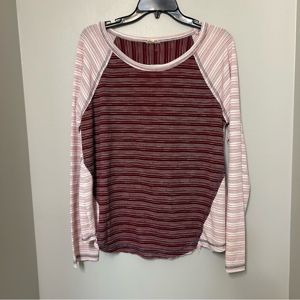 HEM&THREAD Cotton Stretch Striped Long Sleeve Tee‎ Cream Large Maroon Casual